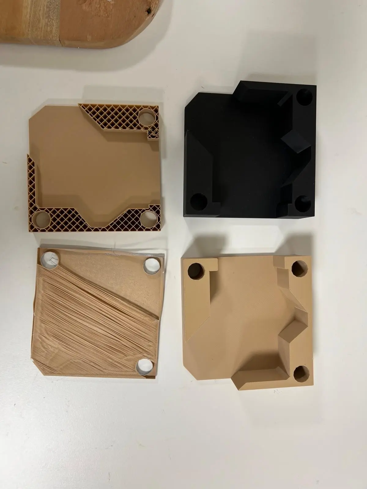 The standing-lamp elevation and joint studies in pen, the joint marked out, a 3D-printed connector gripping the salvaged timber, and the printed iterations