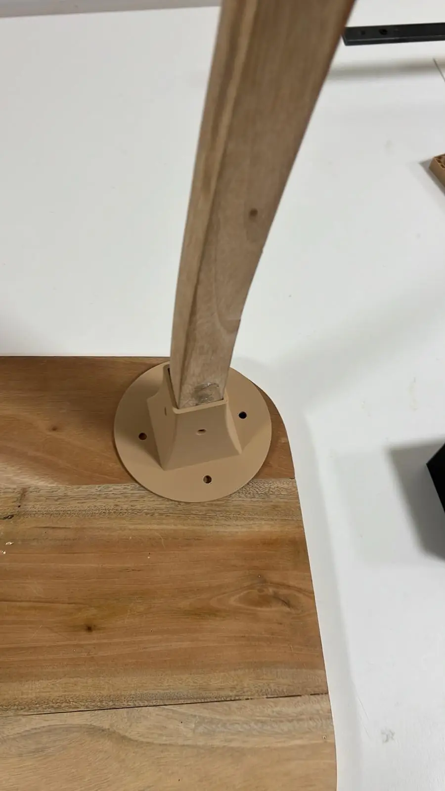 Salvaged curved timber, a bored four-centimetre section against a ruler, the 3D-printed base seating the stem, and assembly